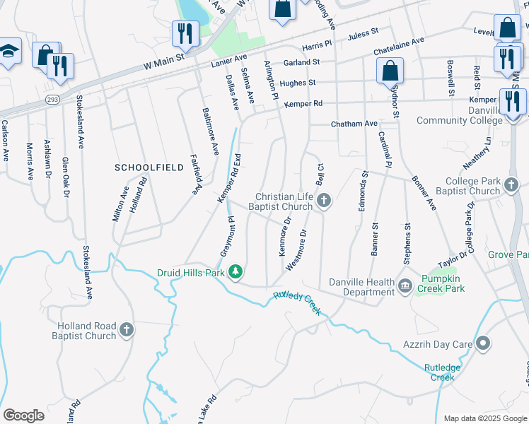 map of restaurants, bars, coffee shops, grocery stores, and more near 610 Arlington Road in Danville