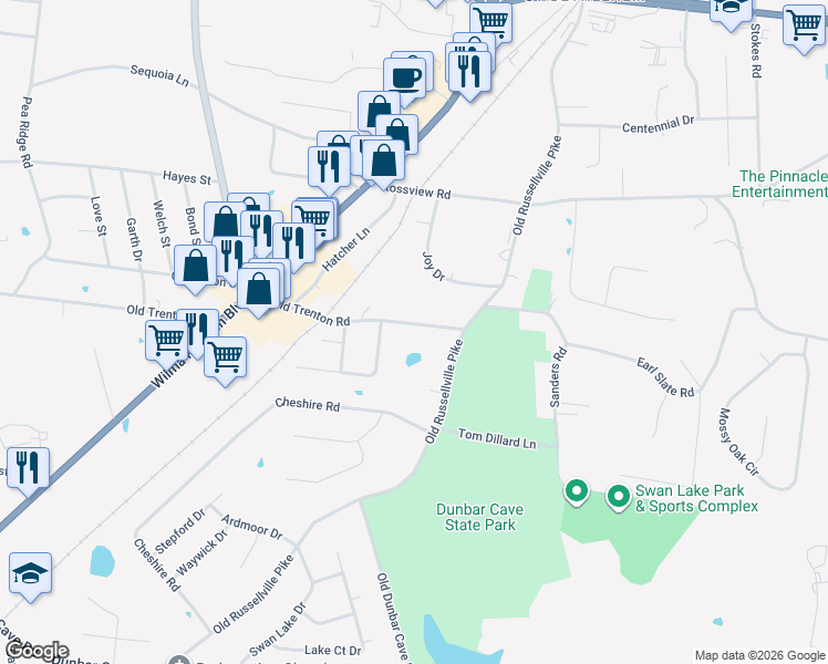 map of restaurants, bars, coffee shops, grocery stores, and more near 236 East Old Trenton Road in Clarksville