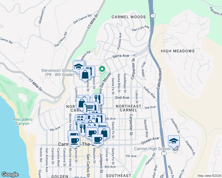 map of restaurants, bars, coffee shops, grocery stores, and more near in Carmel-by-the-Sea