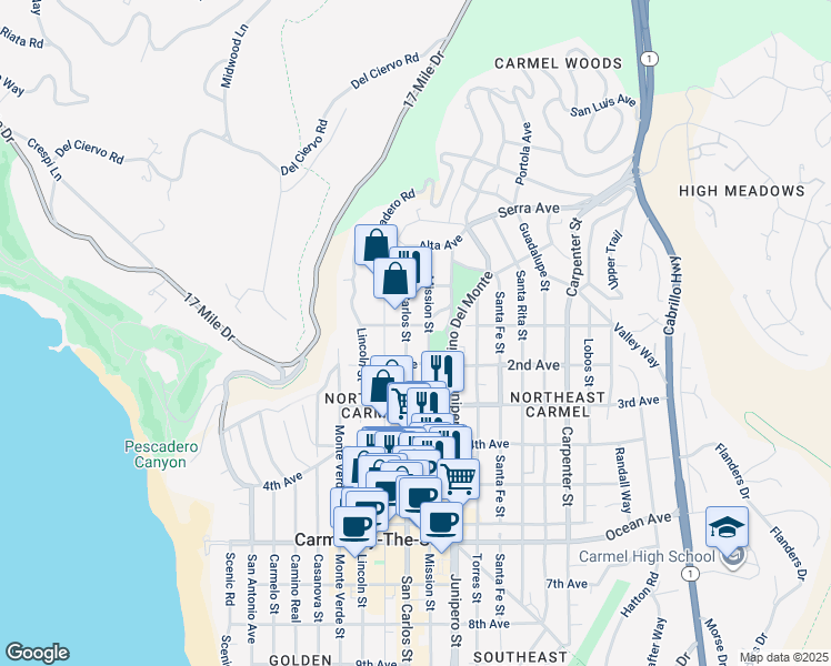 map of restaurants, bars, coffee shops, grocery stores, and more near in Carmel-by-the-Sea