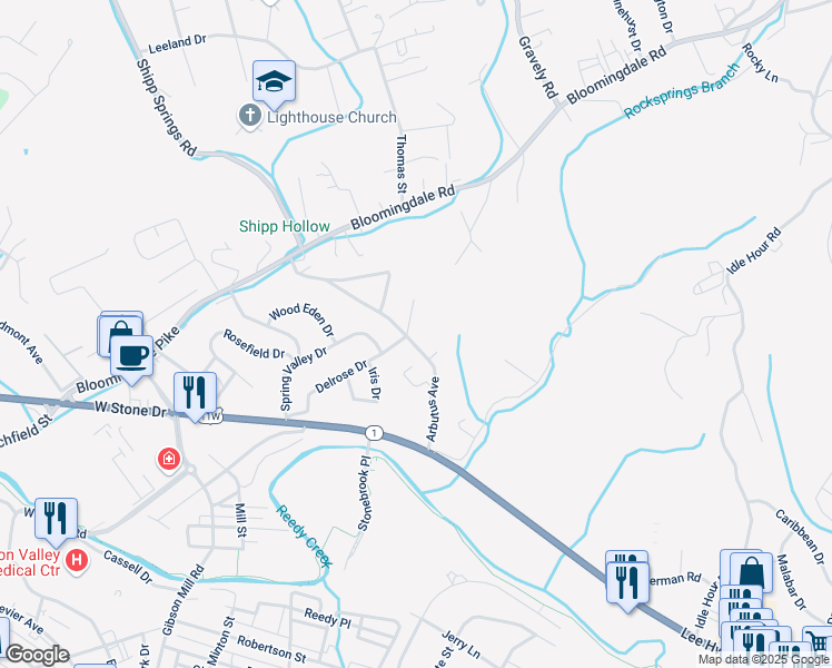 map of restaurants, bars, coffee shops, grocery stores, and more near 315 Arbutus Avenue in Kingsport