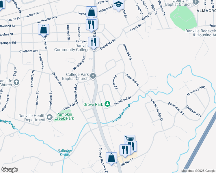 map of restaurants, bars, coffee shops, grocery stores, and more near 165-299 Grove Park Cir in Danville