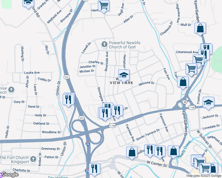 map of restaurants, bars, coffee shops, grocery stores, and more near 1020 Fairview Avenue in Kingsport