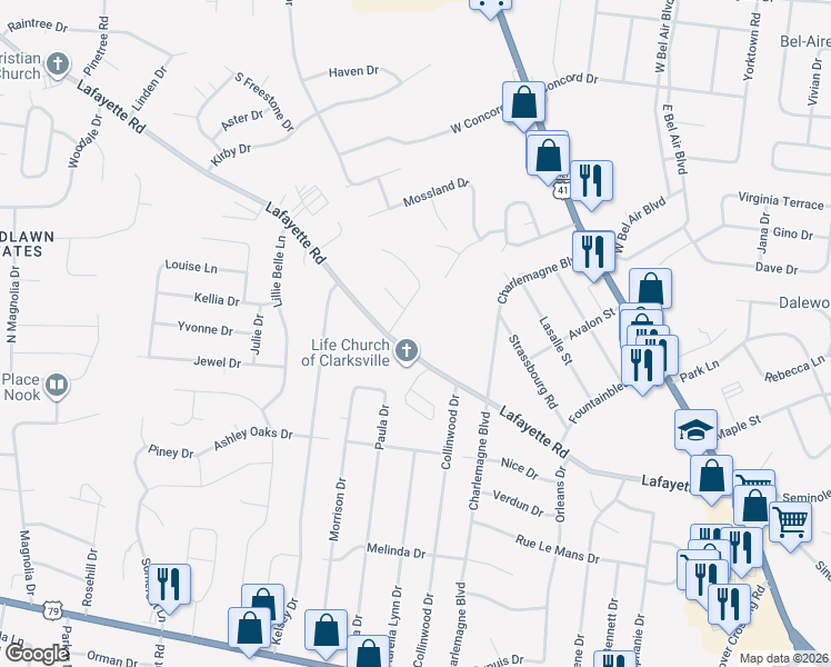 map of restaurants, bars, coffee shops, grocery stores, and more near 459 Lafayette Road in Clarksville