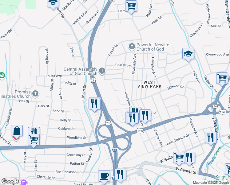 map of restaurants, bars, coffee shops, grocery stores, and more near 1000 Stonegate Road in Kingsport