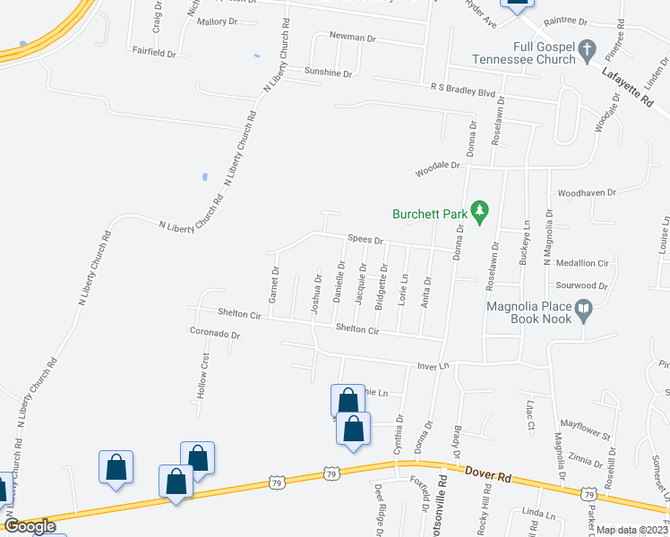 map of restaurants, bars, coffee shops, grocery stores, and more near 560 Danielle Drive in Clarksville