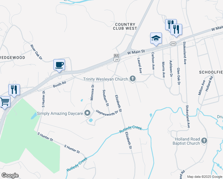 map of restaurants, bars, coffee shops, grocery stores, and more near 10 Elizabeth Street in Danville