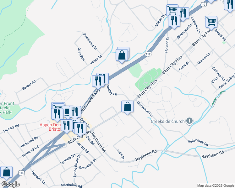 map of restaurants, bars, coffee shops, grocery stores, and more near 418 Shelby Lane in Bristol