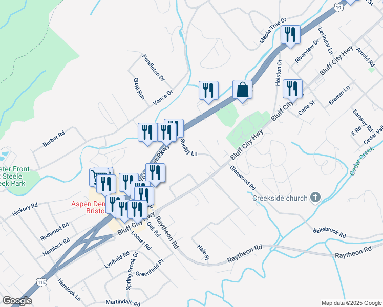 map of restaurants, bars, coffee shops, grocery stores, and more near 425-435 Shelby Lane in Bristol