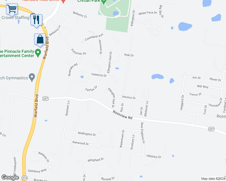 map of restaurants, bars, coffee shops, grocery stores, and more near 2217 Ellington Gait Drive in Clarksville