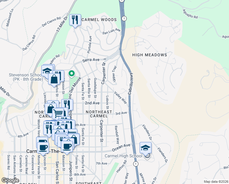 map of restaurants, bars, coffee shops, grocery stores, and more near 24879 Valley Way in Carmel-by-the-Sea
