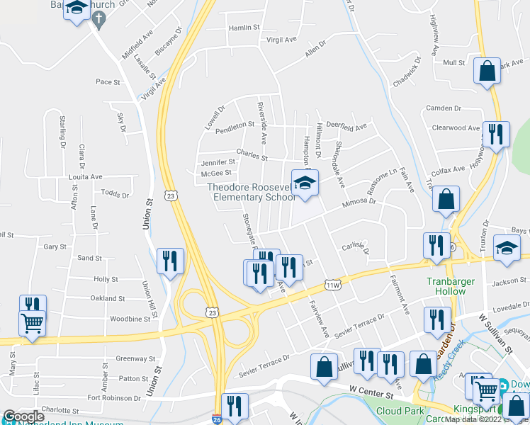 map of restaurants, bars, coffee shops, grocery stores, and more near 1025 Riverside Avenue in Kingsport