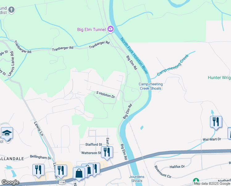 map of restaurants, bars, coffee shops, grocery stores, and more near 106 South Holston Drive in Church Hill