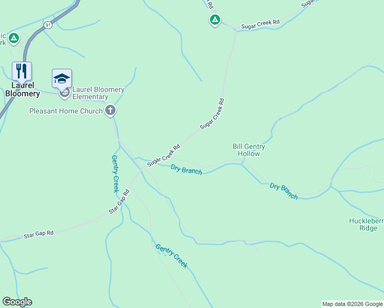 map of restaurants, bars, coffee shops, grocery stores, and more near 642 Sugar Creek Road in Laurel Bloomery