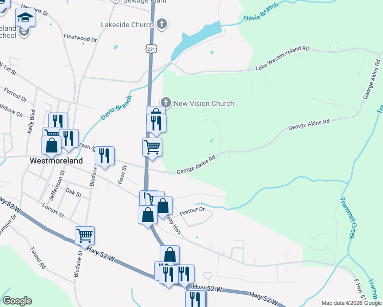 map of restaurants, bars, coffee shops, grocery stores, and more near 221 George Akins Road in Westmoreland