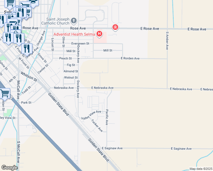 map of restaurants, bars, coffee shops, grocery stores, and more near 1120 Nebraska Avenue in Selma
