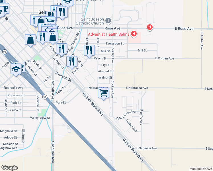 map of restaurants, bars, coffee shops, grocery stores, and more near 1321 Plum Street in Selma