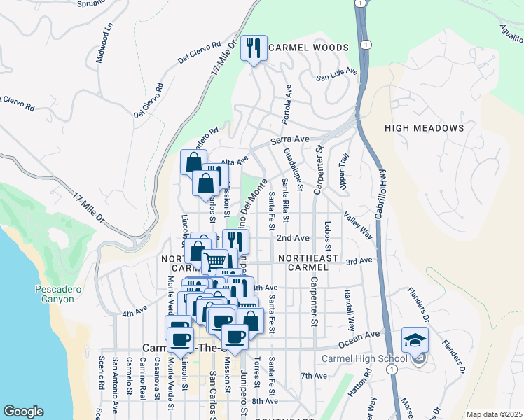 map of restaurants, bars, coffee shops, grocery stores, and more near 2 Torres Street in Carmel-by-the-Sea