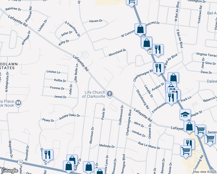 map of restaurants, bars, coffee shops, grocery stores, and more near 181 Monarch Lane in Clarksville