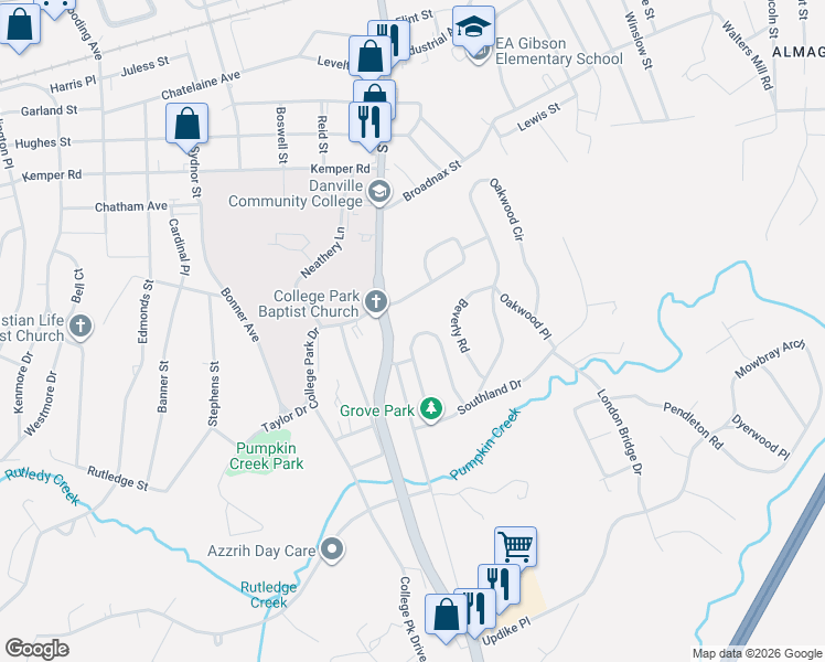 map of restaurants, bars, coffee shops, grocery stores, and more near 301-369 Shamrock Drive in Danville