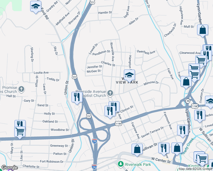 map of restaurants, bars, coffee shops, grocery stores, and more near 1041 Riverside Avenue in Kingsport