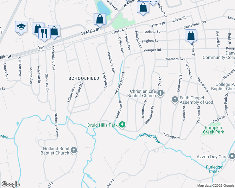 map of restaurants, bars, coffee shops, grocery stores, and more near 100 Graymont Place in Danville