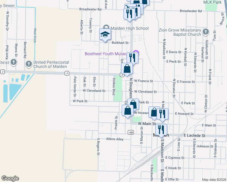 map of restaurants, bars, coffee shops, grocery stores, and more near 422 Stokes Boulevard in Malden