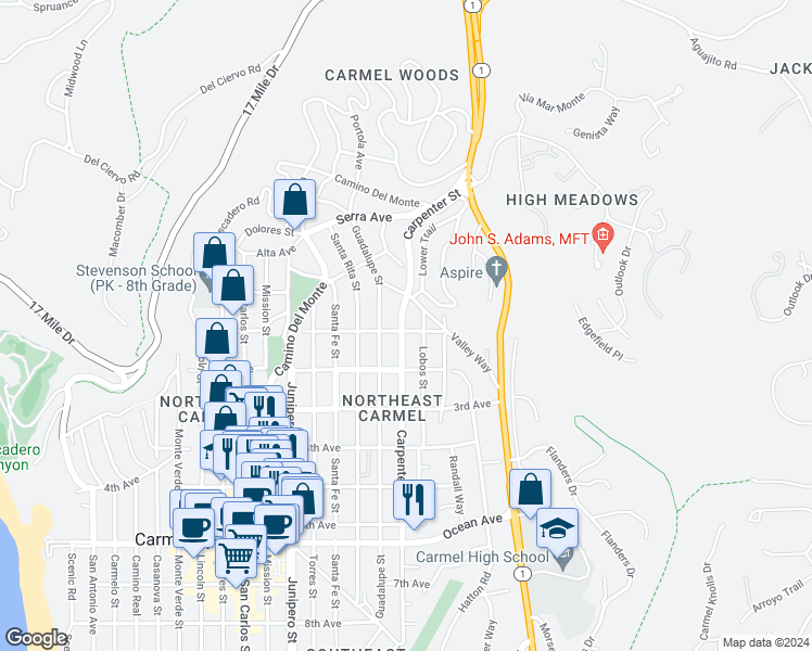 map of restaurants, bars, coffee shops, grocery stores, and more near 3251 1st Avenue in Carmel-by-the-Sea
