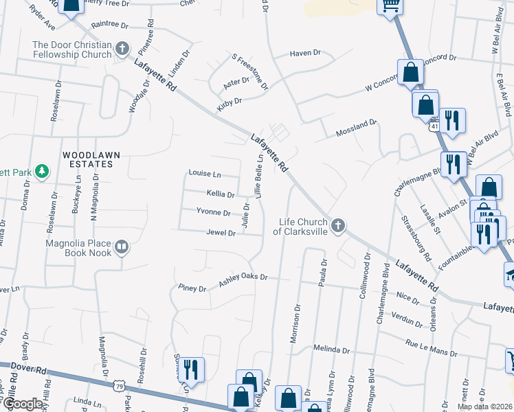 map of restaurants, bars, coffee shops, grocery stores, and more near 490 Kellia Drive in Clarksville