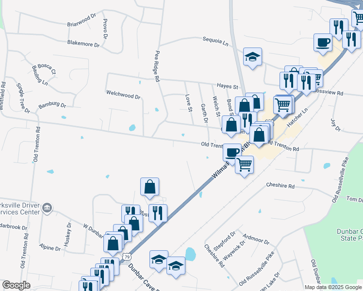 map of restaurants, bars, coffee shops, grocery stores, and more near 244 Old Trenton Road in Clarksville