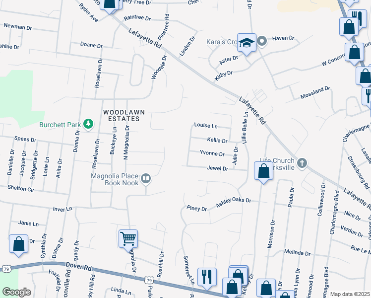 map of restaurants, bars, coffee shops, grocery stores, and more near 412 Louise Lane in Clarksville