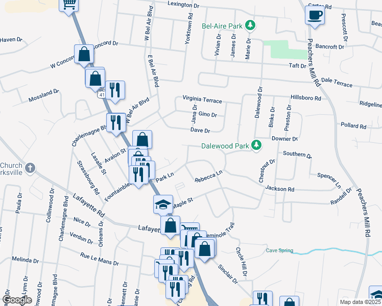 map of restaurants, bars, coffee shops, grocery stores, and more near 202 Rebecca Lane in Clarksville