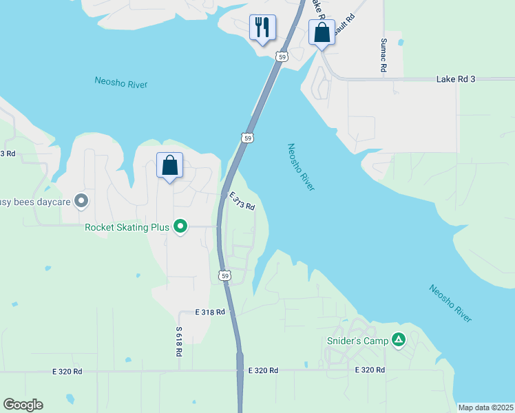 map of restaurants, bars, coffee shops, grocery stores, and more near 63088 East 330 Road in Jay