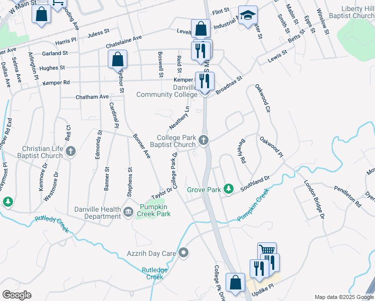 map of restaurants, bars, coffee shops, grocery stores, and more near 200 College Park Drive in Danville