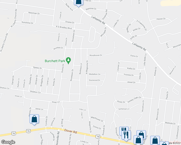 map of restaurants, bars, coffee shops, grocery stores, and more near 552 Medallion Circle in Clarksville