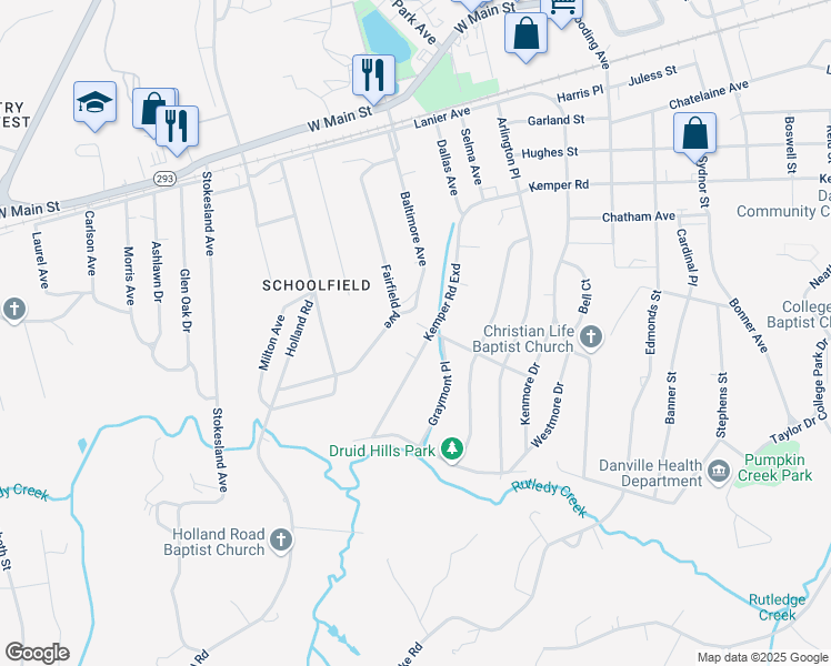 map of restaurants, bars, coffee shops, grocery stores, and more near 109 Druid Court in Danville