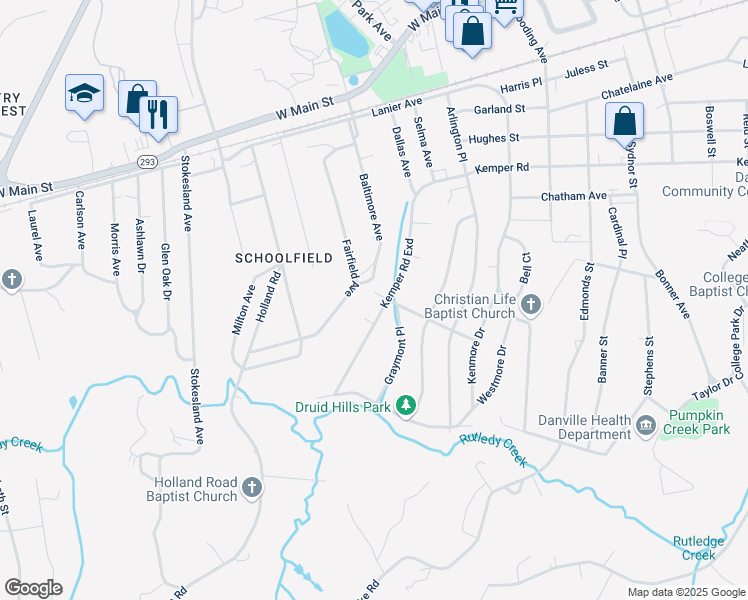 map of restaurants, bars, coffee shops, grocery stores, and more near 109 Druid Court in Danville