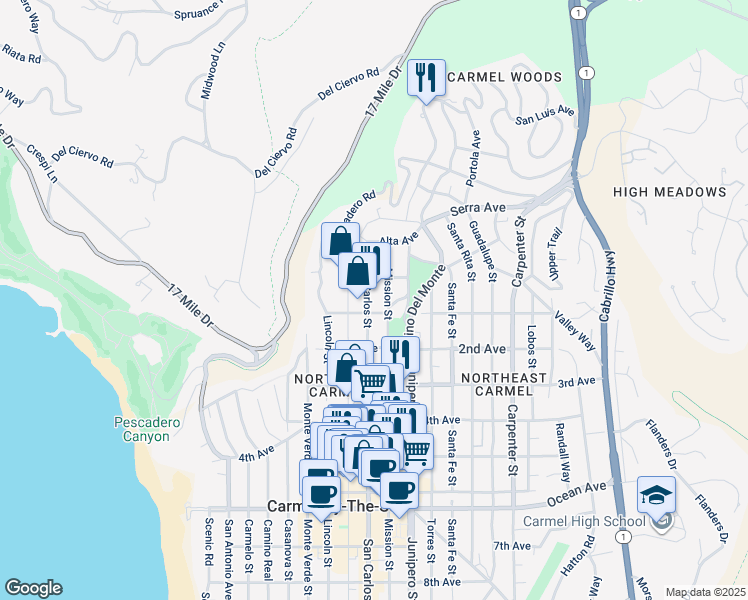 map of restaurants, bars, coffee shops, grocery stores, and more near 4 San Carlos Street in Carmel-by-the-Sea