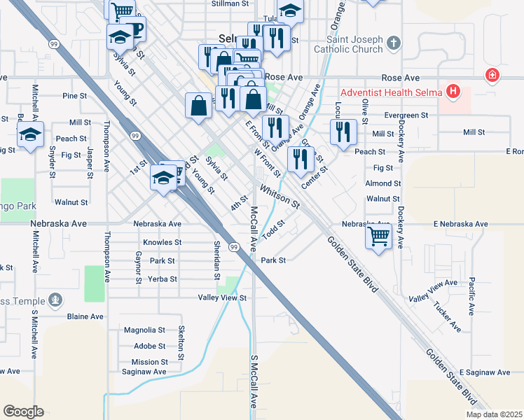 map of restaurants, bars, coffee shops, grocery stores, and more near 2044 McCall Avenue in Selma
