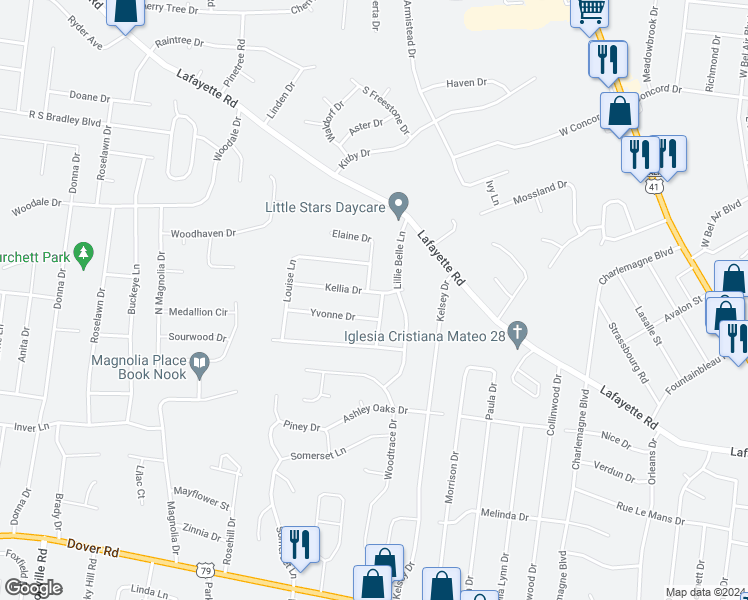 map of restaurants, bars, coffee shops, grocery stores, and more near 508 Kellia Drive in Clarksville