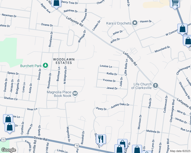 map of restaurants, bars, coffee shops, grocery stores, and more near 412 Louise Lane in Clarksville