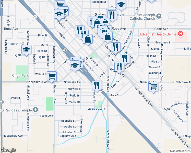 map of restaurants, bars, coffee shops, grocery stores, and more near 1721 Young Street in Selma