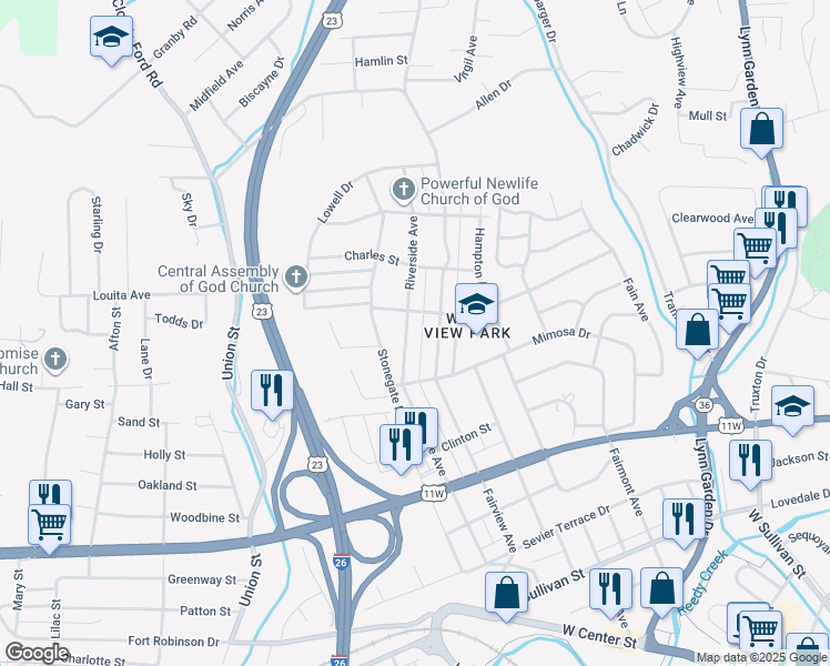 map of restaurants, bars, coffee shops, grocery stores, and more near 1041 Riverside Avenue in Kingsport