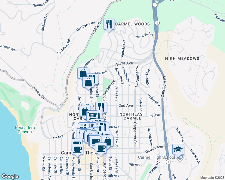 map of restaurants, bars, coffee shops, grocery stores, and more near 24835 Torres Street in Carmel-by-the-Sea