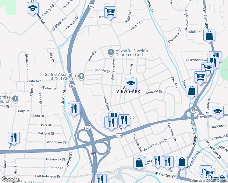 map of restaurants, bars, coffee shops, grocery stores, and more near 1041 Riverside Avenue in Kingsport