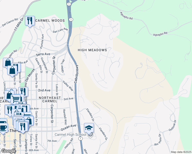 map of restaurants, bars, coffee shops, grocery stores, and more near 3475 Edgefield Place in Carmel-by-the-Sea
