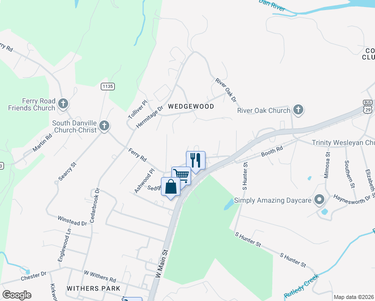 map of restaurants, bars, coffee shops, grocery stores, and more near 220 Ferry Road in Danville