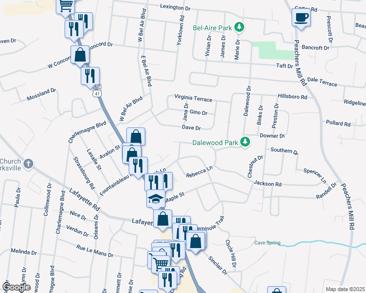 map of restaurants, bars, coffee shops, grocery stores, and more near 204 Rebecca Lane in Clarksville