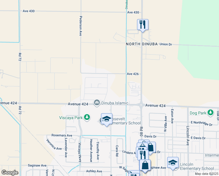 map of restaurants, bars, coffee shops, grocery stores, and more near 800 West Nebraska Avenue in Dinuba