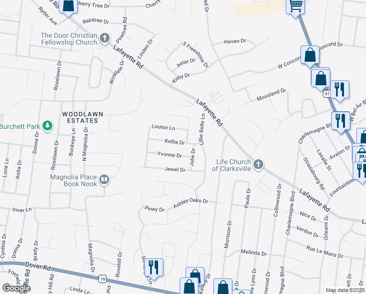 map of restaurants, bars, coffee shops, grocery stores, and more near 508 Kellia Drive in Clarksville